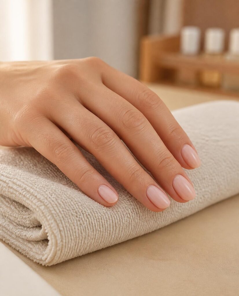 Ta sama dłoń po manicure hybrydowym w kolorze nude